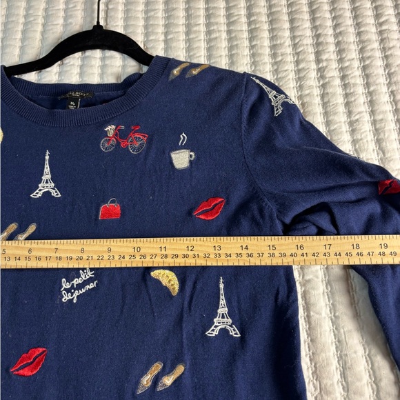 Talbots Petites Paris Embroidered Sweater MP Navy Eiffel Tower Croissant Coffee - Picture 3 of 6